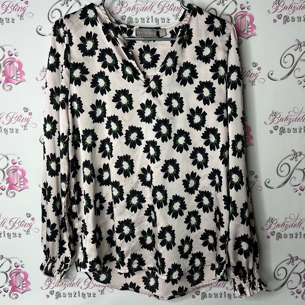Ted Baker blouse top long sleeves floral flowers Black and Green Floral Blouse